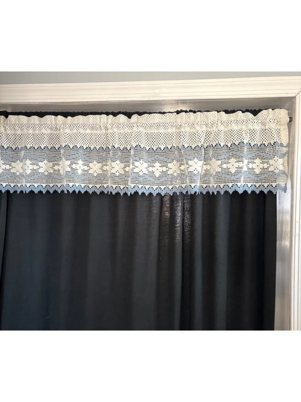 White & Blue Crochet Lace Curtain Valance 60